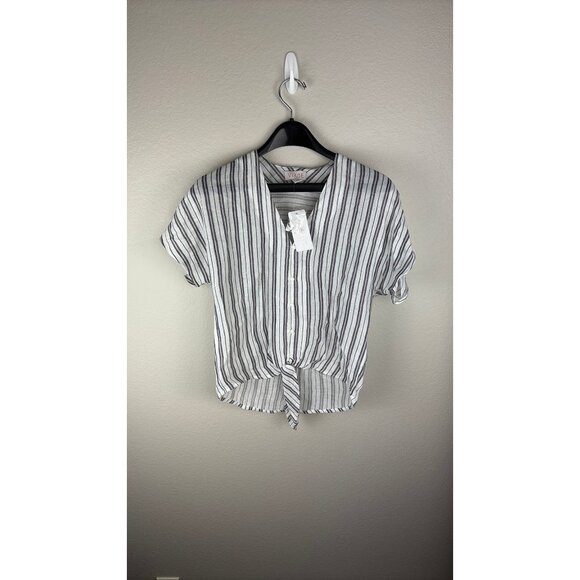 VIXBE Tops - Vixbe - Small - Knotted Front V-Neck Cropped Shirt, Gray/White Stripes